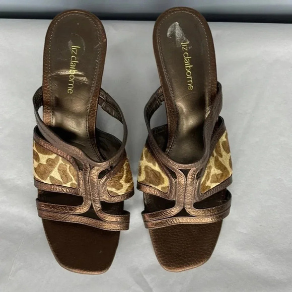 LIZ CLAIBORNE Giraffe Print Square Toe Wedge  Sandals Metallic Bronze Size 7.5 - Picture 5 of 13